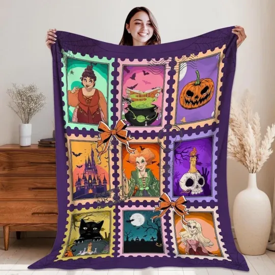 Hocus Pocus Sanderson Sisters Halloween Stamps Pumpkin Coquette Bow Blanket