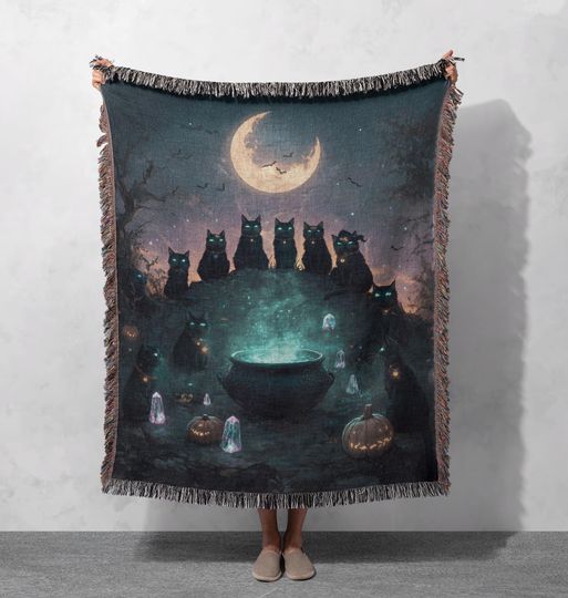 Halloween Cats Magic Woven Blanket , Witch Hobby Spooky Blanket, Cat Lover Gift, Pagan Wiccan Art Blanket, Gothic Home Comfort