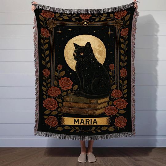 Discover Custom Black Cat And Books Woven Blanket, Halloween Cat Woven Throw Blanket, Halloween Gifts, Cat Lovers Gift
