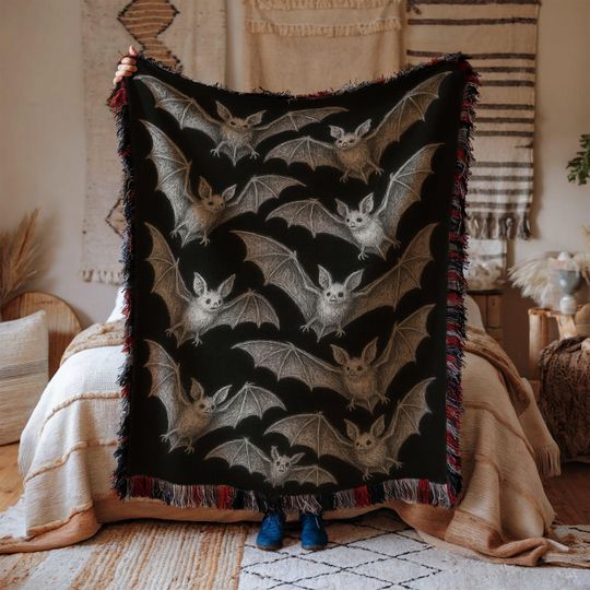 Bat Cotton Woven Blanket: Spooky Halloween Tapestry, Gothic Home Decor