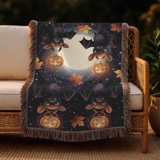 Discover Halloween Woven Blanket: Spooky Bat & Pumpkin Throw Decor