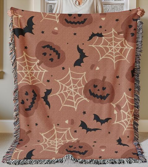 kawaii halloween woven blanket, orange throw blanket, cute pumpkin goth occult bats woven wall decor, jack o lantern spiderweb throw blanket