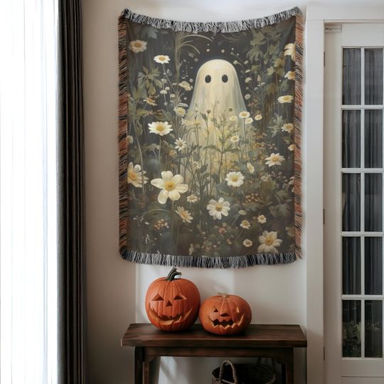 Discover Halloween Woven Blanket, Cute Cottagecore Ghost Throw, Goblincore Floral Blanket, Flowery Cozy Throw, Spooky Home Decor, All Eves Sofa Cover