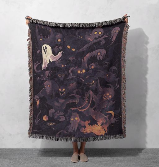 Discover Haunted Ghost Woven Blanket 100% Cotton - Spooky Halloween Throw with Dark Purple and Orange Ghostly Design for Unique Home Decor or Gift
