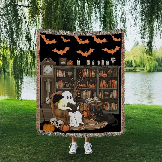 Discover Spooky Halloween Woven Blanket, Ghost in the Library, Cozy Throw Blanket for Fall Decor, Gothic Home Accents, Autumn Gift, Comfy Couch Cover