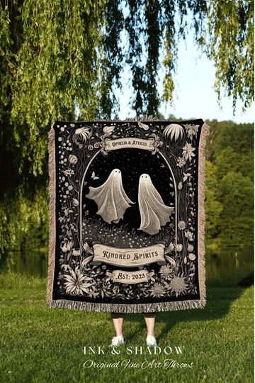 Discover Ghostly Couple Anniversary Blanket | Personalized Wedding Blanket Spooky Halloween Tapestry Woven Ghost Gift for Goths Dark Academia Decore
