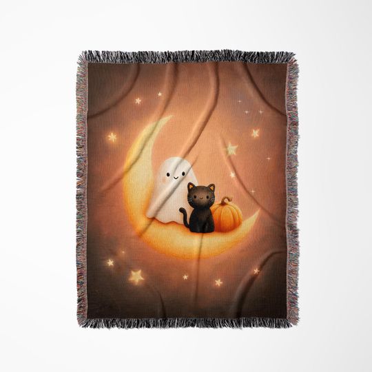 Discover Ghost and Cat Woven Blanket: Celestial Halloween Nursery Throw