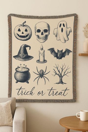 Discover Halloween Woven Cotton Blanket: Spooky Fall Home Decor, holloween decor
