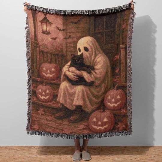 Discover Charming Ghost and Black Cat Throw Blanket, Halloween Decoration Jack O Lantern Tapestry Quilt, Boho Artistic Halloween Gift for Cat Lover