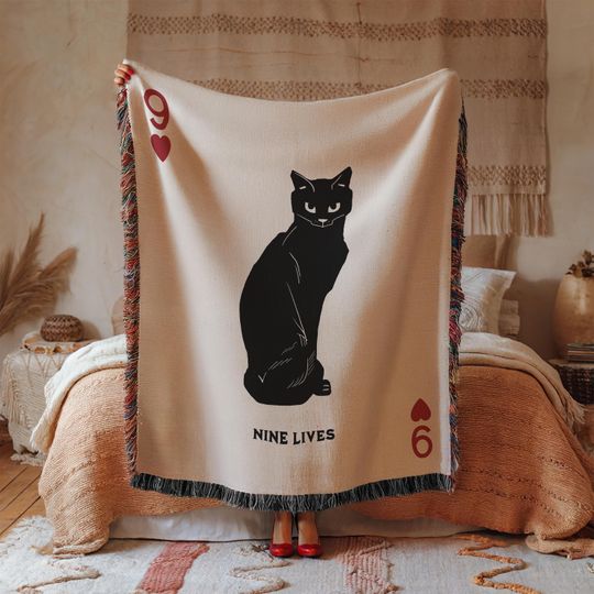 Discover Nine Lives Black Cat Woven Blanket  Playing Card Throw Witchy Halloween Decoration Dark Western Cottagecore Decor Gothic Fall Bookish Gifts