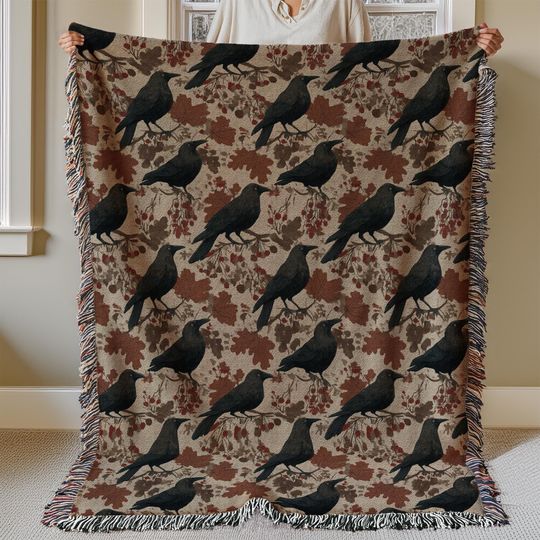 Raven Gothic Throw Blanket, Fall Edgar Allan Poe, Halloween Woven Blanket, Retro 90s Y2K Halloween Decor, Cozy Couch or Reading Nook Blanket