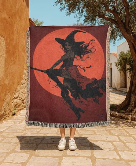 Gothic Flying Witch   Woven Blanket, Halloween Decor For Pagan, Wiccan Art Throw Blanket, Samhain Gift For Witchy Friend, Occult