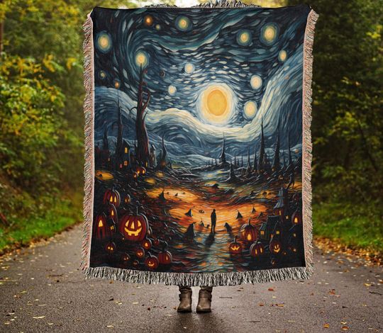 Halloween Woven Throw Blanket: Vintage Pumpkin Zombie Starry Night Tapestry