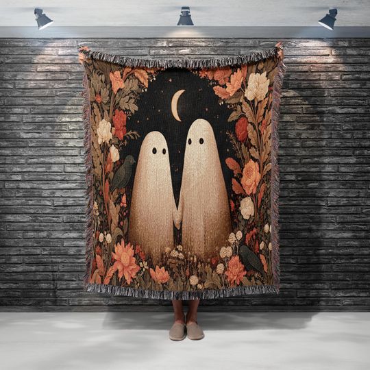 Discover Ghosts Woven Blanket ,Gothic Folk Halloween Throw , Spooky Jacquard Tapestry