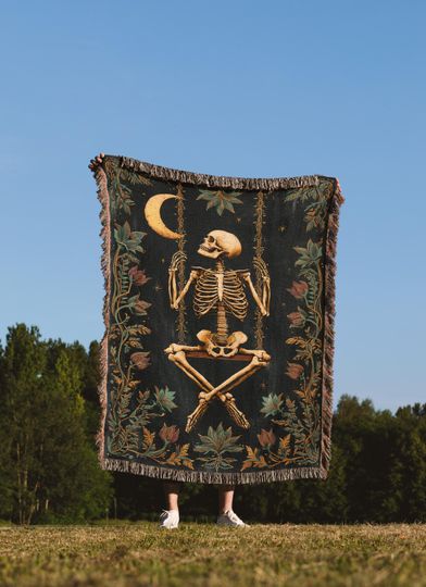 Discover Mystical Skeleton Woven Blanket Tapestry , Dark Academia,  Cozy Throw for Halloween, Gothic Decor, Unique Gift, Boho Style, Home Accent