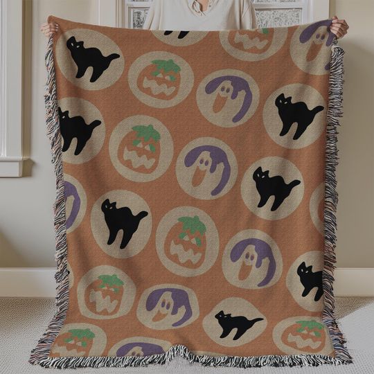 Ghost & Pumpkin Sugar Cookie Throw Blanket, Halloween Woven Blanket, Retro 90s Y2K Halloween Decor, Cozy Couch or Reading Nook Blanket, Warm