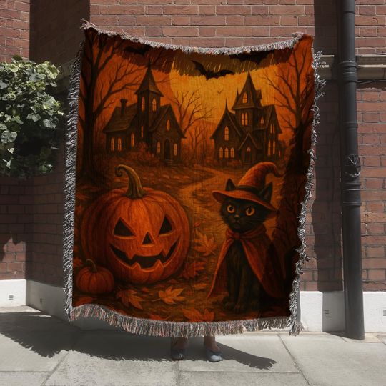 Discover Witch Cat Halloween Woven Blanket, Spooky Pumpkin Throw, Haunted House Tapestry, Cozy Autumn Decor, Goth Fall Gift for Her or Him
