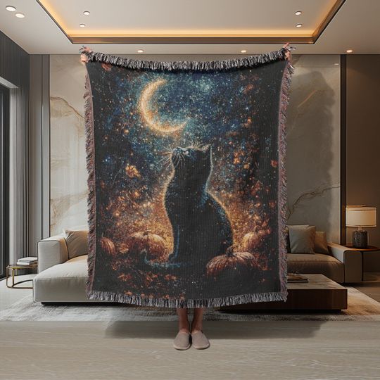 Discover Black Cat Woven Blanket, Halloween Moon Pumpkin Throw, Gothic Fall Cotton Blanket, Witchy Boho Home Decor Gift