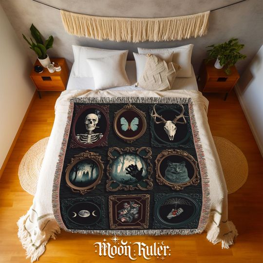 Discover Spooky Gothic Woven Blanket Halloween Woven Throw Ghosts, Skull Spooky Whimsigoth Oddities Dark Academia Decor Cottagecore Tapestry Gift