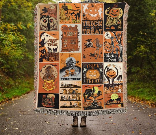 Discover Vintage Halloween Woven Throw Blanket: Spooky Pumpkin Tapestry