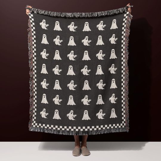Discover Ghosts Blanket Spooky Cute Woven Throw, Trad Goth Gift, Dorm Bedding Decor, Checker Halloween Decor Maximalist Whimsical Eclectic Aesthetics