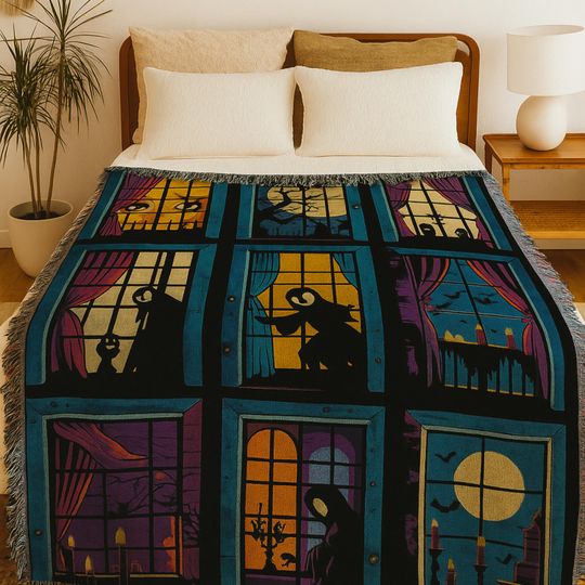 Halloween Horror Woven Blanket, Gothic Haunted House, Spooky Silhouette Tapestry, Home Decor Couch Throw, Fall Gift for Halloween
