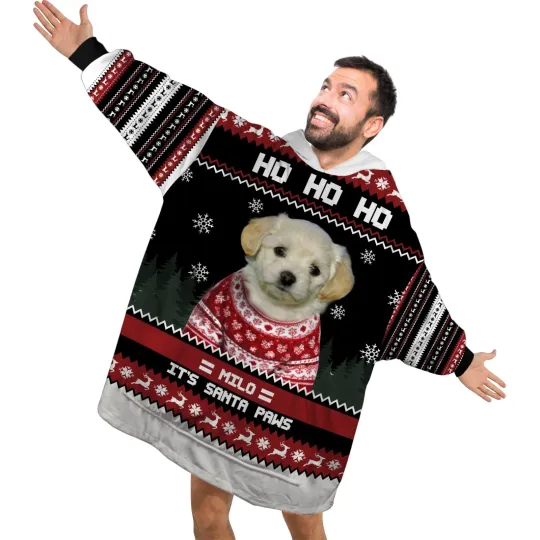 Personalized Pet Blanket Hoodies, Ho Ho Ho Santa Paws Custom Photo Blanket Hoodi