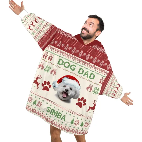 Personalized Pet Christmas Blanket Hoodies, Custom Photo Dog Dad Blanket Hoodie