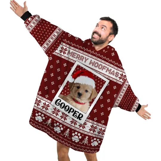 Discover Personalized Pet Blanket Hoodies, Custom Photo Name Merry Woofmas Blanket Hoodie