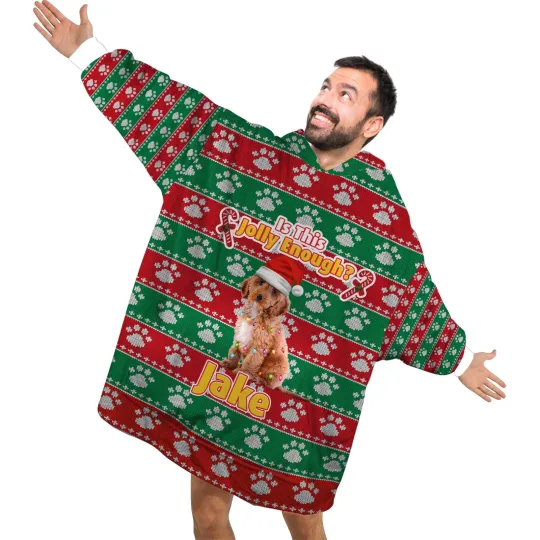 Personalized Pet Blanket Hoodies,Custom Photo Name Ugly Christmas Blanket Hoodie
