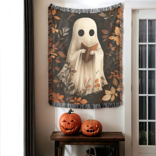 Discover Cute Ghost Blanket, Reading Ghost, Forestcore Throw, Cozy Cotton Woven, Soft Autumn Comfort, Spooky Halloween Accent, Fall Bedroom Decor