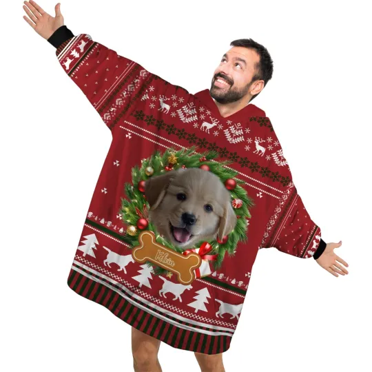 Discover Personalized Pet Blanket Hoodies, Custom Photo Wreath Christmas Blanket Hoodie