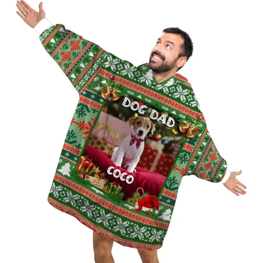 Personalized Pet Blanket Hoodies, Custom Photo Dog Dad Christmas Blanket Hoodie