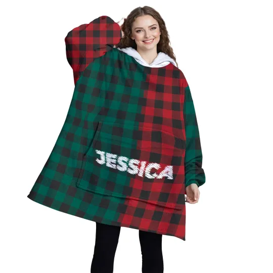 Discover Personalized Blanket Hoodies, Red Green Buffalo Plaid Christmas Color Block Over