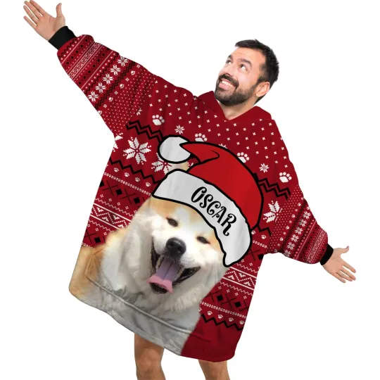 Discover Personalized Pet Christmas Blanket Hoodies, Custom Pet Santa Hat Blanket Hoodie