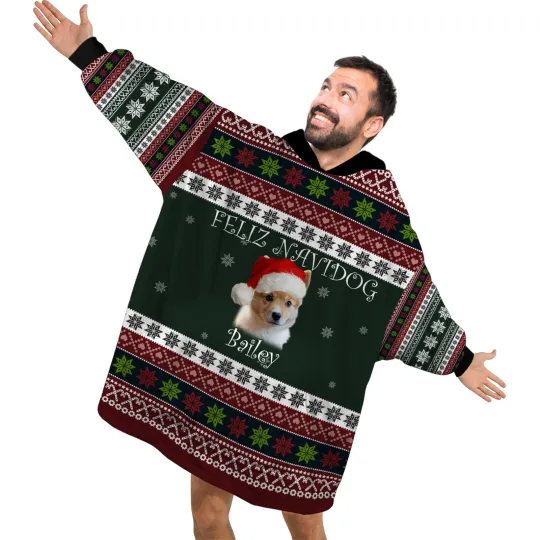 Discover Personalized Pet Blanket Hoodies, Feliz Navidog Ugly Christmas Blanket Hoodie