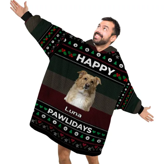 Discover Personalized Pet Christmas Blanket Hoodies,Custom Happy Pawlidays Blanket Hoodie