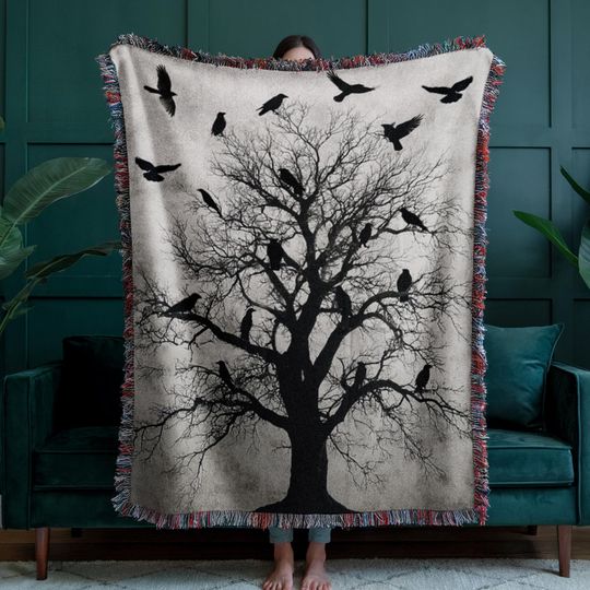 Discover Gothic Crow Tree Tapestry Blanket, Dark Forest Woven Throw, Raven Wall Art, Spooky Halloween Decor, Occult Gothic Home Aesthetic Gift