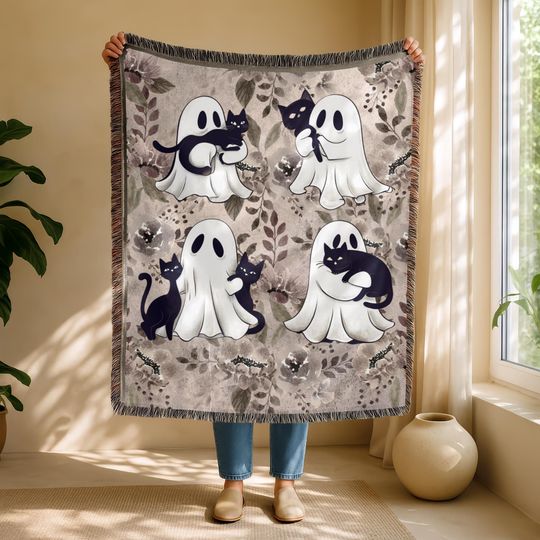 Discover Cute Ghost and Black Cat Halloween Blanket Spooky Cozy Fall Throw Kawaii Goth Woven Blanket Creepy Cute Ghost Cat Decor Tapestry