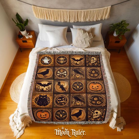 Rustic Halloween Throw Blanket Witchy Pumpkin Skull Bat Ghost Witchy Woven Cotton Throw Spooky Season Nights Goths Dark Aesthetic Decor