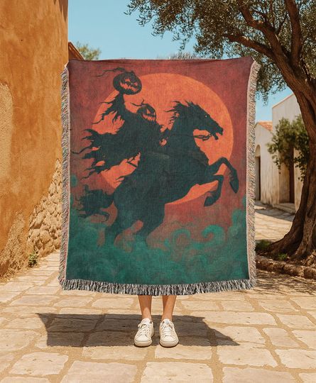 Headless Horseman Halloween  Woven Blanket, Pumpkin Rider Woven Blanket, Spooky Halloween Decor Woven Blanket, Scary Fall Season
