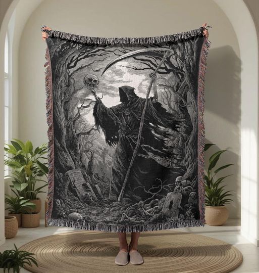 Grim Reaper  Woven Blanket, Gothic Skull Woven Tapestry, Dark Art Horror Couch Throw, Halloween Decor Throw Blanket, Occult Pagan