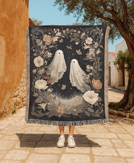 Discover Ghosts And Flowers   Woven Blanket, Halloween Woven Blanket, Spooky Night Blanket, Witchcraft Interest Blanket, Autumn Seasonal