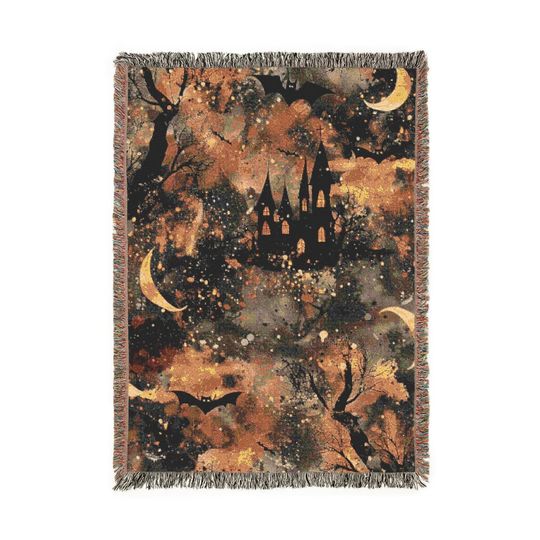 Discover Spooky Halloween Woven Blanket, Haunted House, Moons & Bats, Cozy Throw for Fall, Gothic, Celestial and Cottagecore Decor