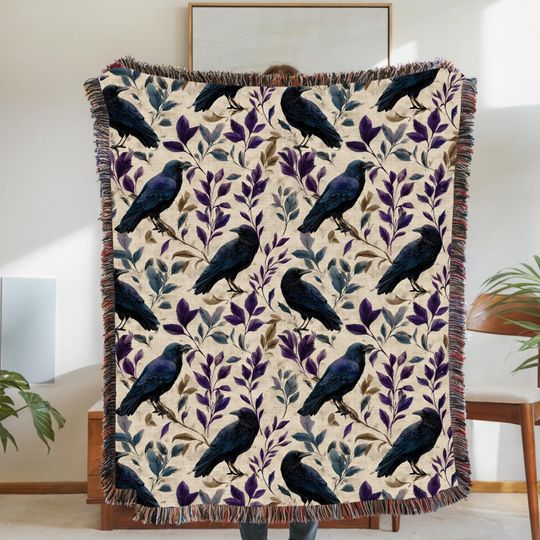Discover Vintage Floral Ravens Woven Blanket, Fall Home Decor Blankets, Crows and flowers throw blanket, Halloween decor, gothic throw blanket