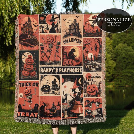 Personalized Retro Halloween Woven Blanket | Custom Vintage Vibe Minky Blanket | Dancing Skeleton Pumpkin | Fall Spooky Season | Whimsigoth