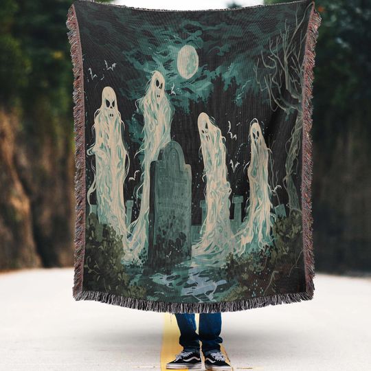 Halloween Ghosts Woven Throw Blanket: Graveyard Tapestry, Dark Academia Decor