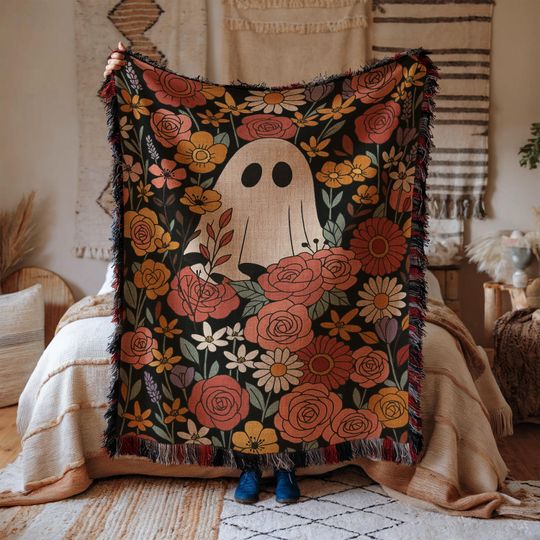Discover Floral Ghost Woven Blanket: Halloween Tapestry Throw, Spooky Season Decor