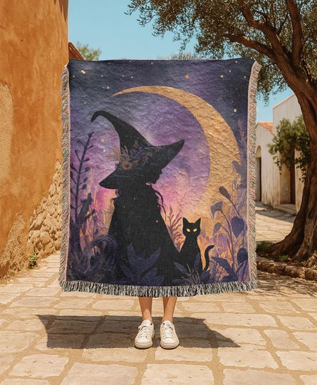 Witch Black Cat   Woven Blanket, Halloween Gift For Friend Woven Throw, Wiccan Pagan Decor Tapestry Blanket, Celestial Moon Decor.