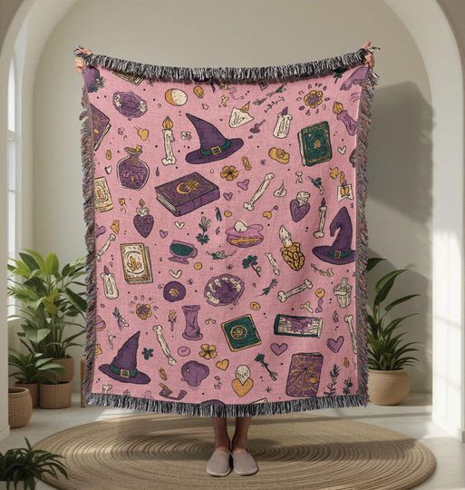 Witchcraft   Woven Blanket, Magic Spell Book Woven Blanket, Witch Hat Cozy Woven Blanket, Halloween Interest Woven Blanket Decor